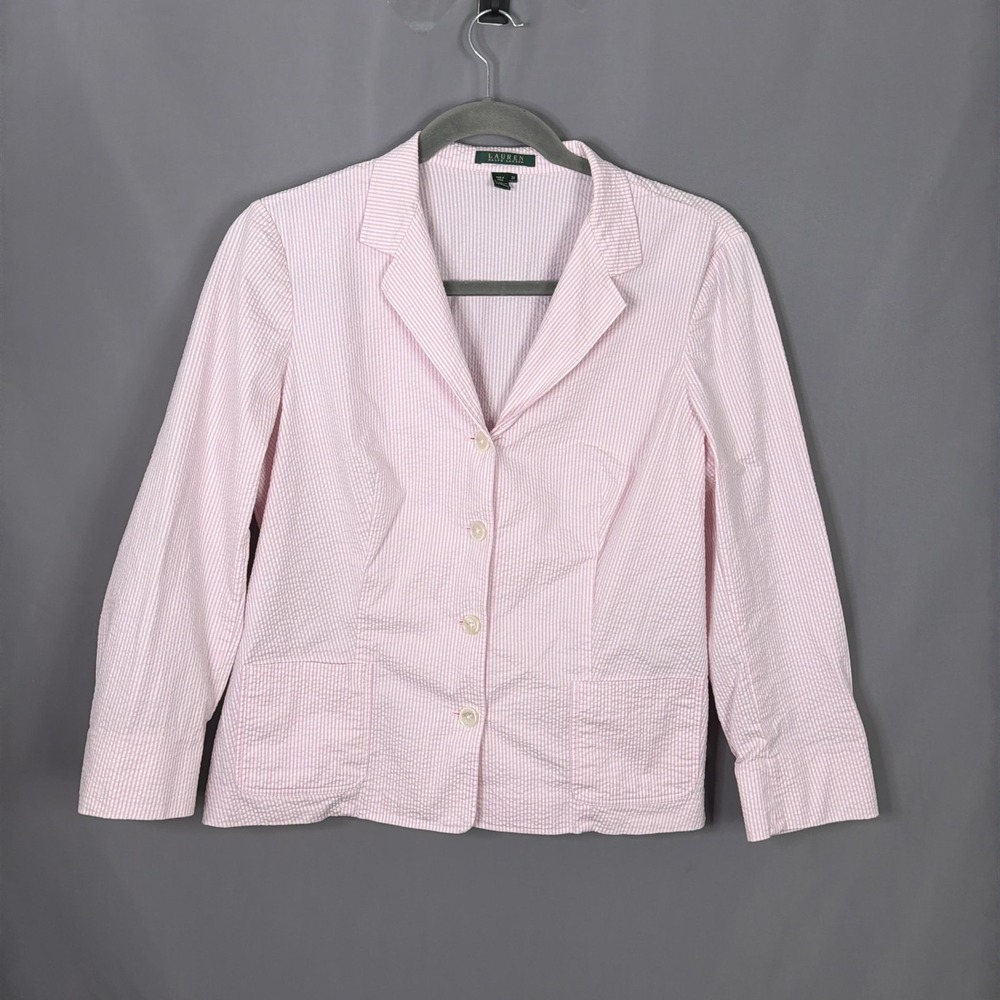 Lauren Ralph Lauren Blazer Womens 2X Pink Seersucker Striped Cotton Jacket